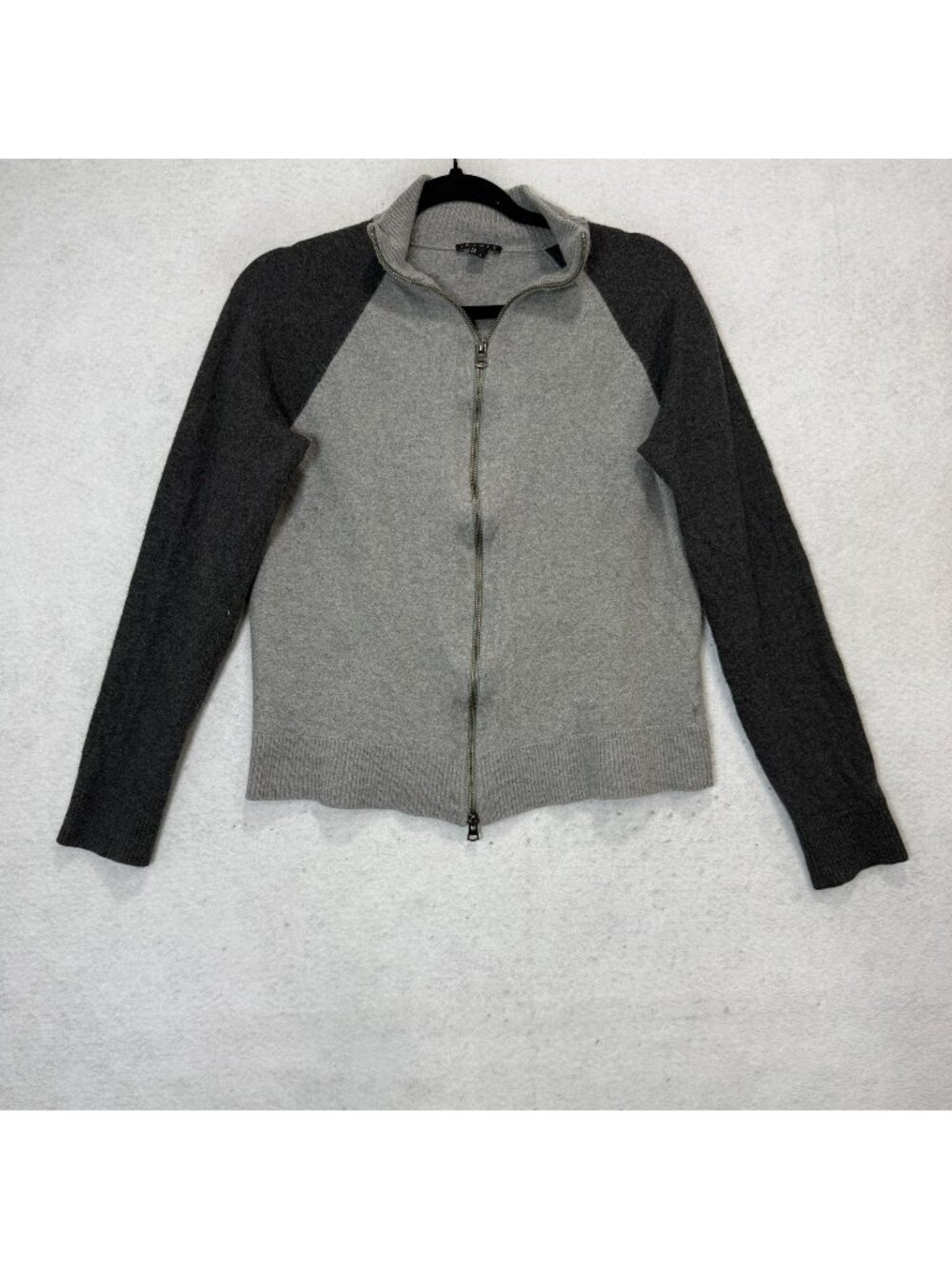 Theory Sweater Womens Large Gray Colorblock Mock Neck Full Zip Wool Raglan Knit